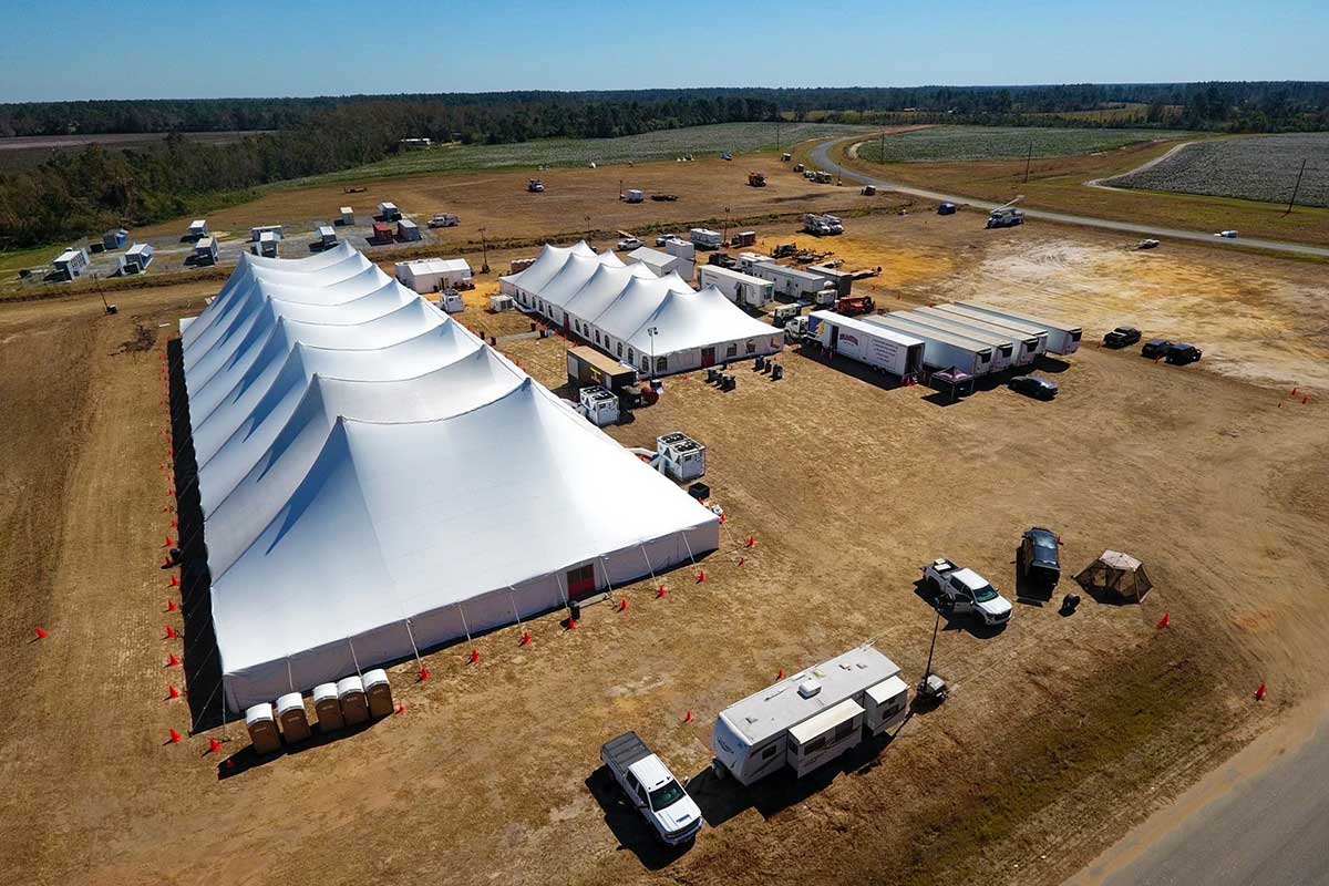 Aerial view of sleep tents at a base camp.
