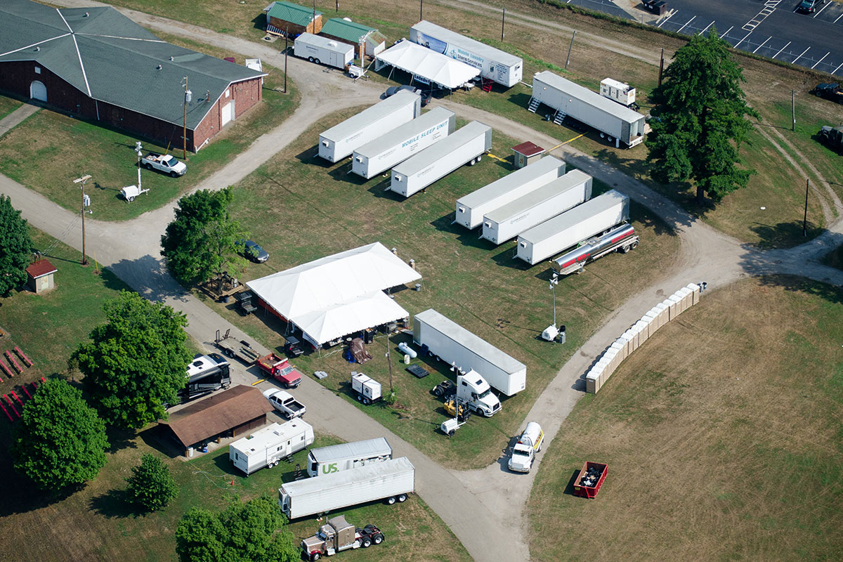 Aerial view of base camp after a Derecho in Ohio