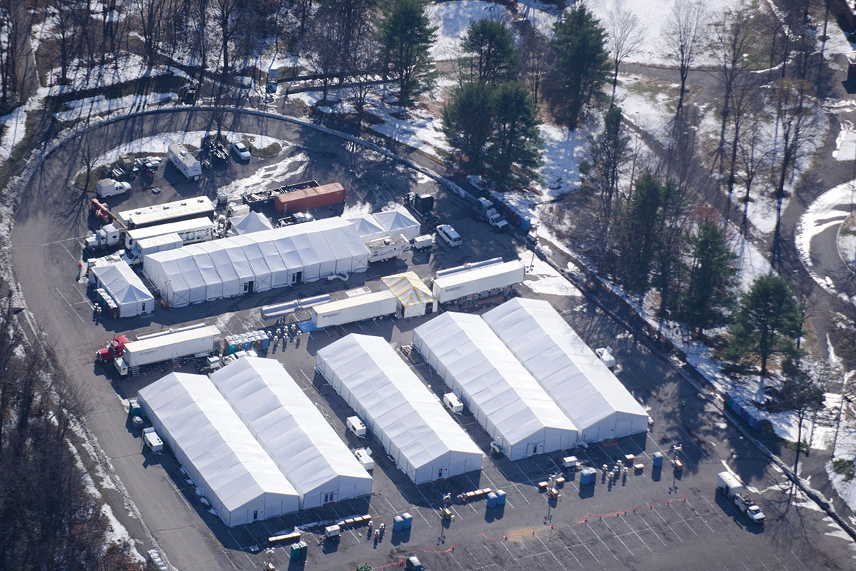 Aerial view of ice storm recovery after Superstorm Sandy.