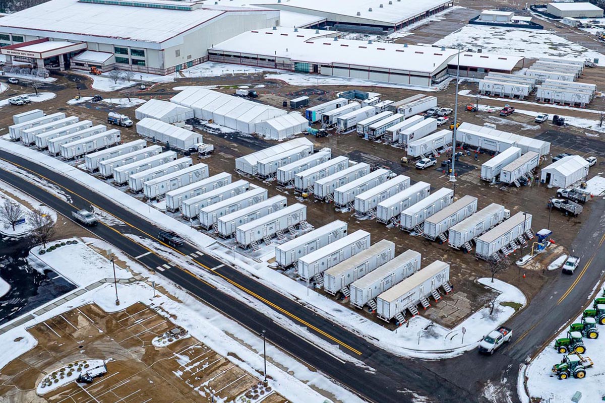Aerial view of a base camp.